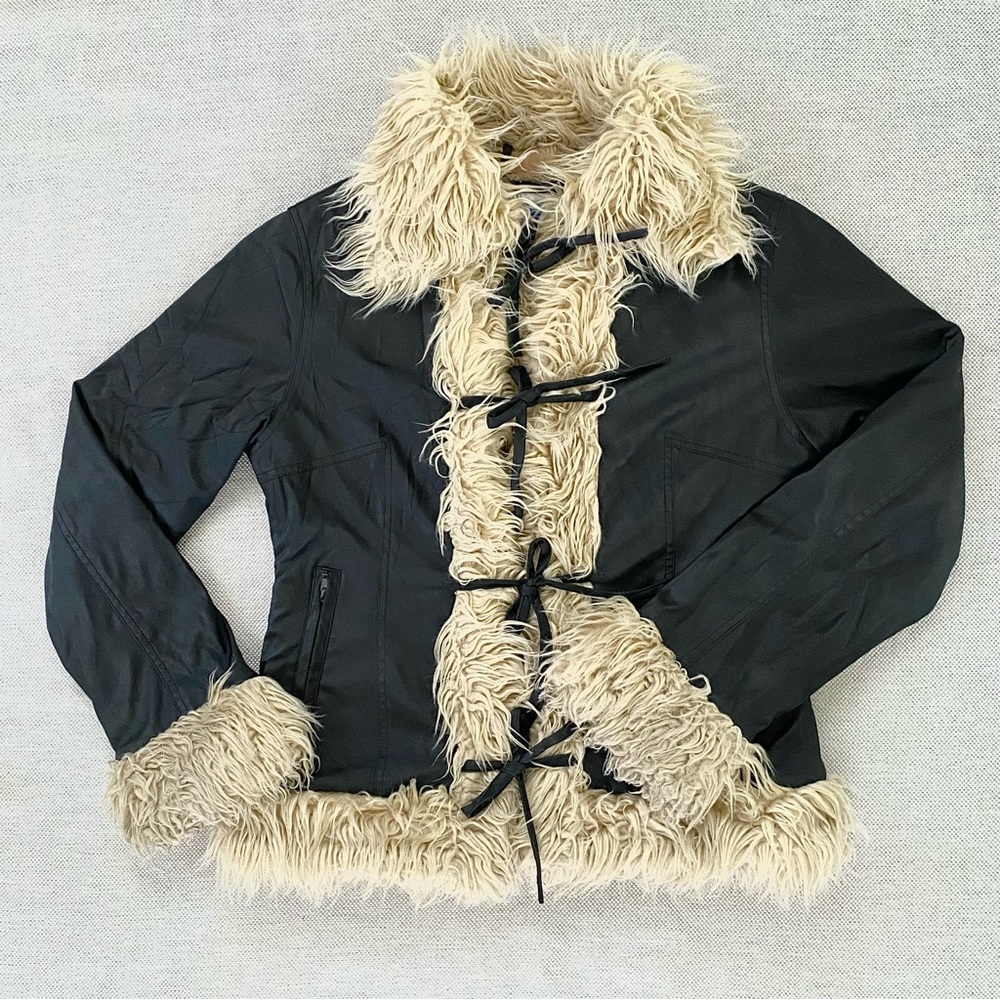 Women's Black and Cream Faux Fur Trim Jacket